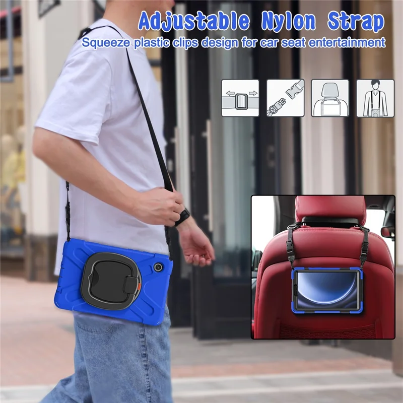 For Samsung Galaxy Tab A9 Case Rotary Kickstand PC+Silicone Cover with Shoulder Strap - Blue+Black