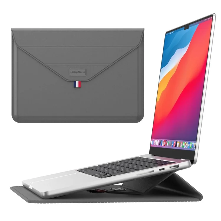 Capa para Laptop de 15 Polegadas com Suporte e Bolsa de Armazenamento em Couro PU Slim Envelope - Cinza