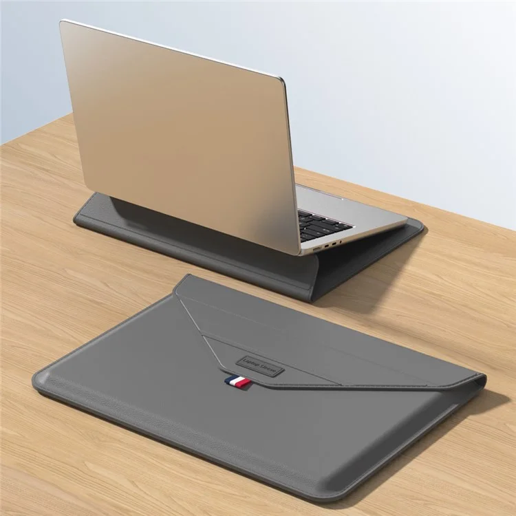 Capa para Laptop de 15 Polegadas com Suporte e Bolsa de Armazenamento em Couro PU Slim Envelope - Cinza