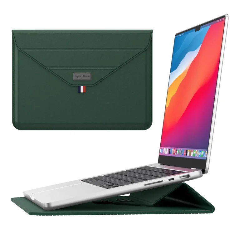 13-14 Inch Padded Laptop Bag Stand PU Leather Envelope Laptop Case Carrying Sleeve Bag - Blackish Green