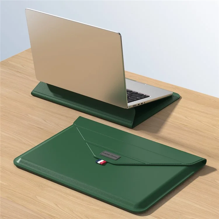 13-14 Inch Padded Laptop Bag Stand PU Leather Envelope Laptop Case Carrying Sleeve Bag - Blackish Green