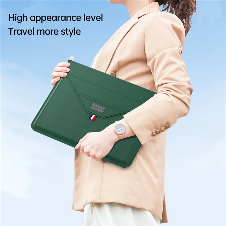 13-14 Inch Padded Laptop Bag Stand PU Leather Envelope Laptop Case Carrying Sleeve Bag - Blackish Green