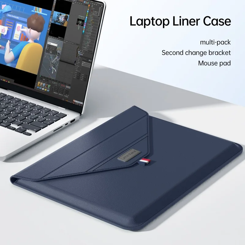 13-14 Inch Padded Laptop Bag Stand PU Leather Envelope Laptop Case Carrying Sleeve Bag - Dark Blue