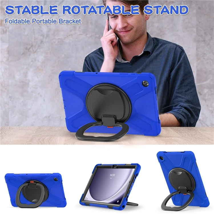 For Samsung Galaxy Tab A9+ Case PC+Silicone Tablet Cover with Rotating Kickstand - Blue+Black
