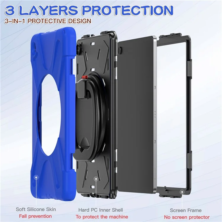 For Samsung Galaxy Tab A9+ Case PC+Silicone Tablet Cover with Rotating Kickstand - Blue+Black