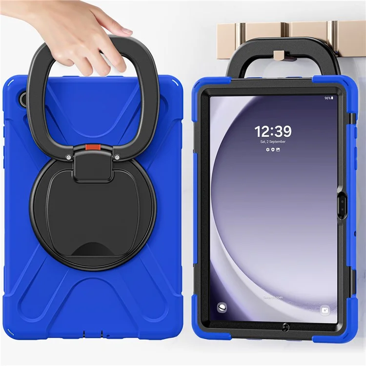 For Samsung Galaxy Tab A9+ Case PC+Silicone Tablet Cover with Rotating Kickstand - Blue+Black
