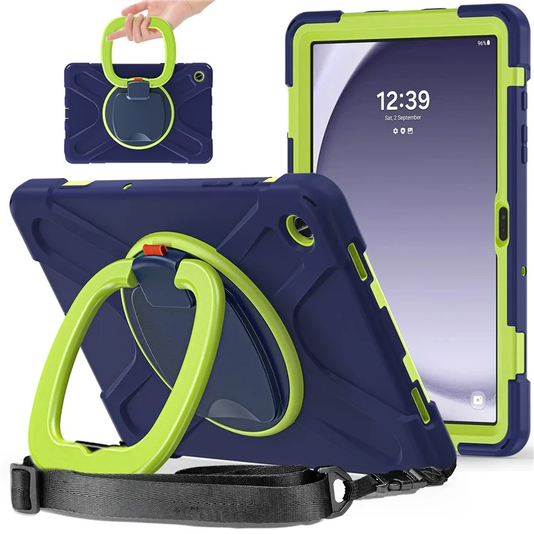 Чехол для Samsung Galaxy Tab A9+ с вращающейся подставкой, противоударный, с плечевым ремнем - темно-синий + ярко-зеленый