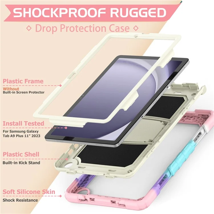 For Samsung Galaxy Tab A9+ (SM-X210 / X215 / X216) Defender Case Kickstand Tablet Cover with Shoulder Strap - Colorful Pink
