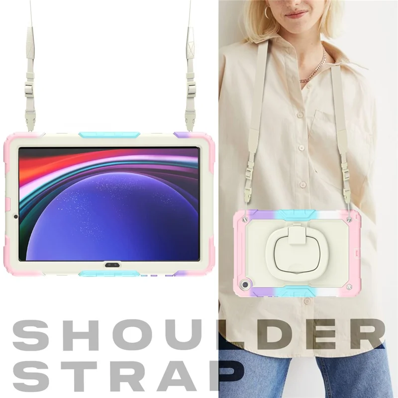 For Samsung Galaxy Tab A9+ (SM-X210 / X215 / X216) Case Kickstand Armor Defender Tablet Cover with Shoulder Strap - Colorful Pink