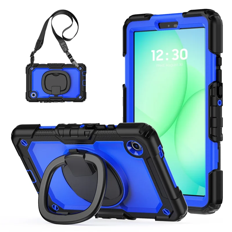 For Samsung Galaxy Tab A11 / A9 PC+Silicone Case Impact Resistant Kickstand Tablet  Cover with Shoulder Strap - Black+Dark Blue PC