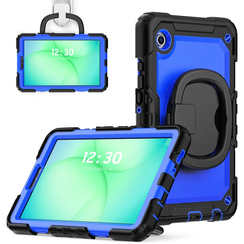 For Samsung Galaxy Tab A11 / A9 PC+Silicone Case Impact Resistant Kickstand Tablet  Cover with Shoulder Strap - Black+Dark Blue PC