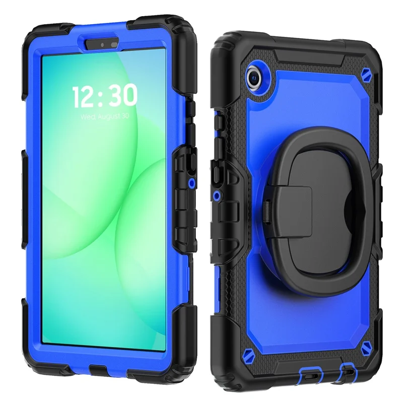 For Samsung Galaxy Tab A11 / A9 PC+Silicone Case Impact Resistant Kickstand Tablet  Cover with Shoulder Strap - Black+Dark Blue PC