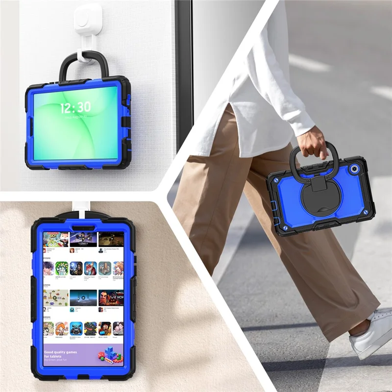 For Samsung Galaxy Tab A11 / A9 PC+Silicone Case Impact Resistant Kickstand Tablet  Cover with Shoulder Strap - Black+Dark Blue PC