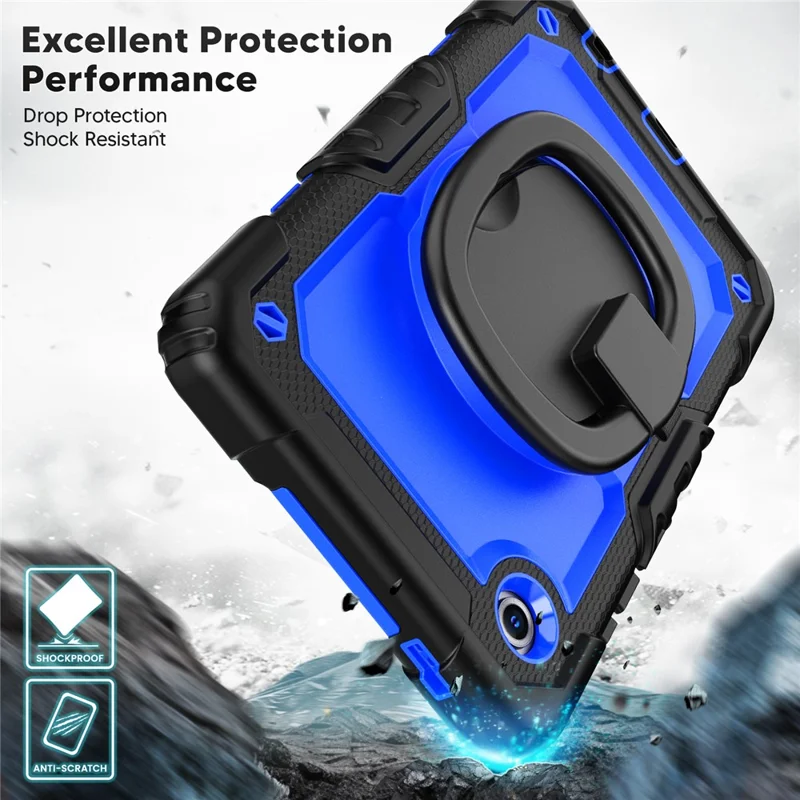 For Samsung Galaxy Tab A11 / A9 PC+Silicone Case Impact Resistant Kickstand Tablet  Cover with Shoulder Strap - Black+Dark Blue PC