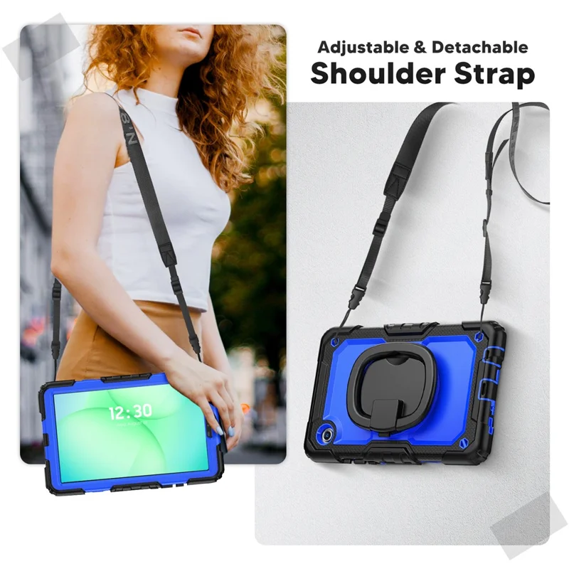 For Samsung Galaxy Tab A11 / A9 PC+Silicone Case Impact Resistant Kickstand Tablet  Cover with Shoulder Strap - Black+Dark Blue PC