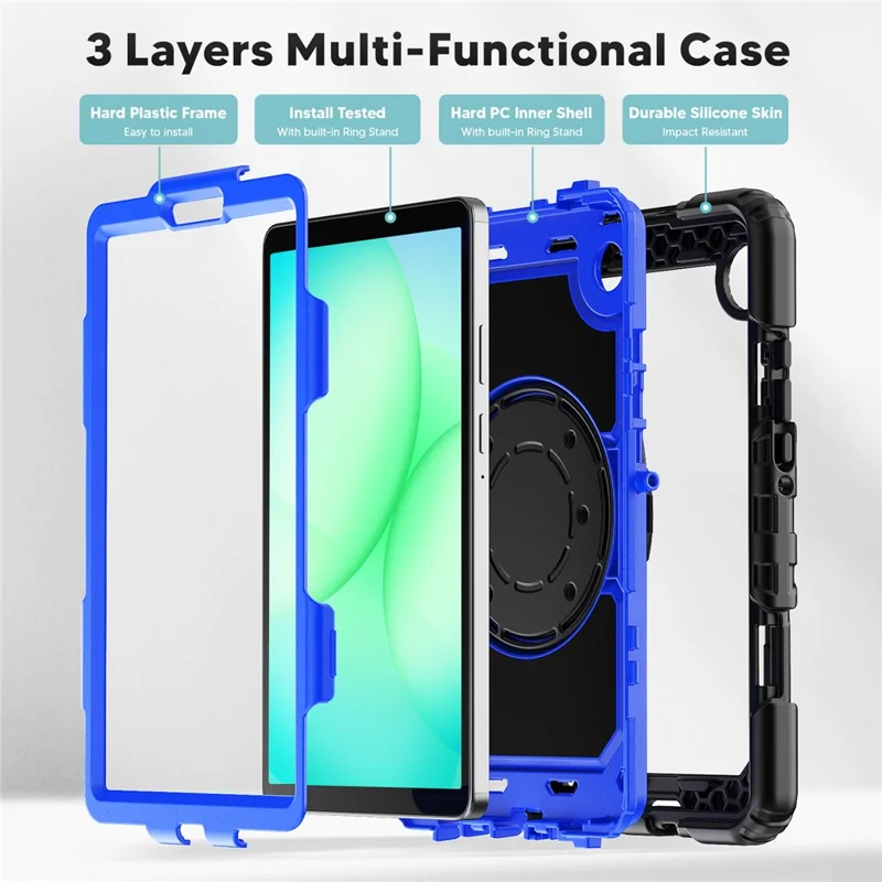For Samsung Galaxy Tab A11 / A9 PC+Silicone Case Impact Resistant Kickstand Tablet  Cover with Shoulder Strap - Black+Dark Blue PC