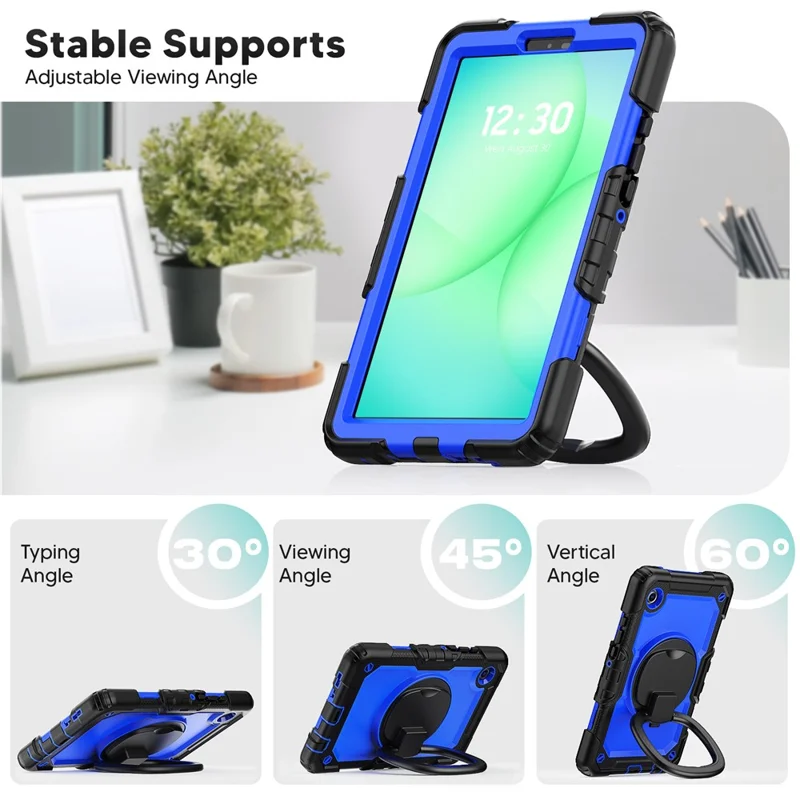 For Samsung Galaxy Tab A11 / A9 PC+Silicone Case Impact Resistant Kickstand Tablet  Cover with Shoulder Strap - Black+Dark Blue PC