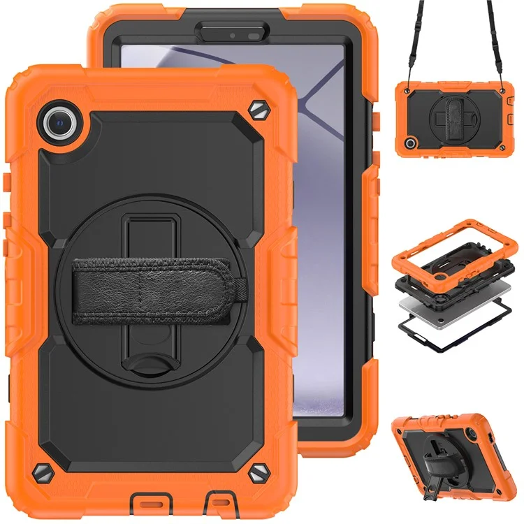 Pour la tablette Samsung Galaxy Tab A9 SM-X110 SM-X115 Étui de support en PC + Silicone avec protecteur d'écran en PET et bandoulière - Noir + Orange