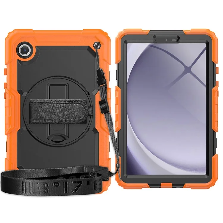 Pour la tablette Samsung Galaxy Tab A9 SM-X110 SM-X115 Étui de support en PC + Silicone avec protecteur d'écran en PET et bandoulière - Noir + Orange