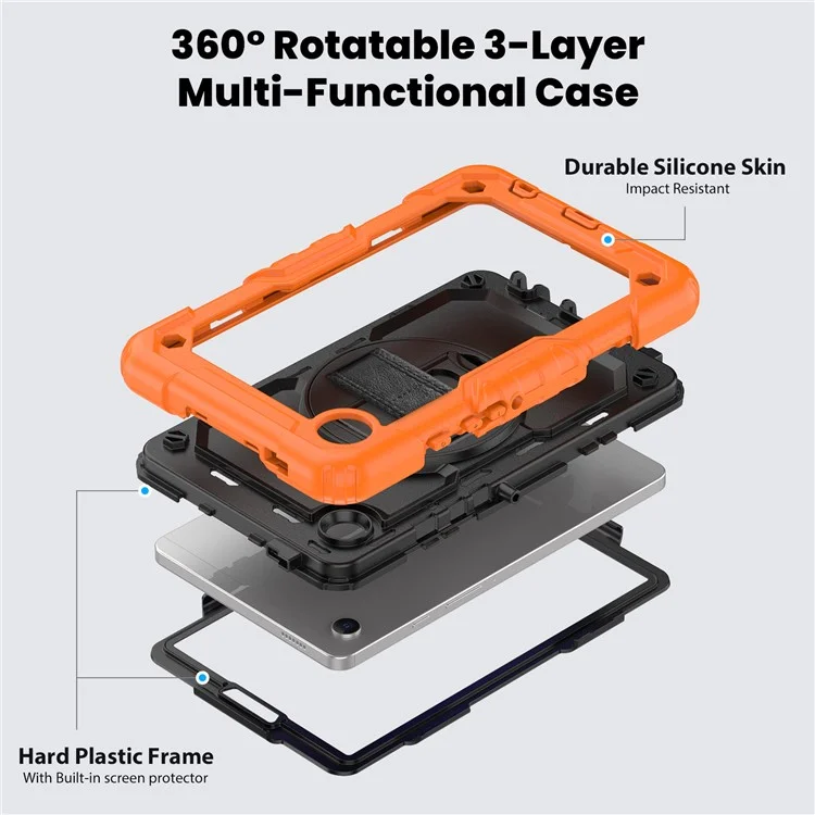Pour la tablette Samsung Galaxy Tab A9 SM-X110 SM-X115 Étui de support en PC + Silicone avec protecteur d'écran en PET et bandoulière - Noir + Orange