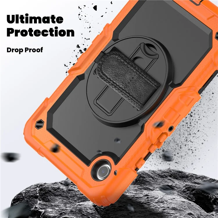 Pour la tablette Samsung Galaxy Tab A9 SM-X110 SM-X115 Étui de support en PC + Silicone avec protecteur d'écran en PET et bandoulière - Noir + Orange