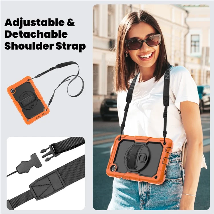 Pour la tablette Samsung Galaxy Tab A9 SM-X110 SM-X115 Étui de support en PC + Silicone avec protecteur d'écran en PET et bandoulière - Noir + Orange