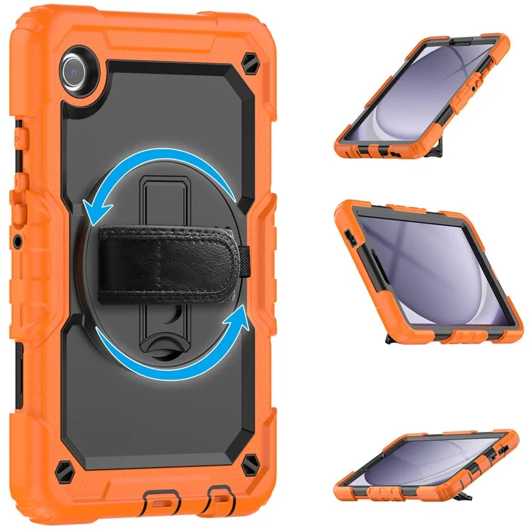 Pour la tablette Samsung Galaxy Tab A9 SM-X110 SM-X115 Étui de support en PC + Silicone avec protecteur d'écran en PET et bandoulière - Noir + Orange