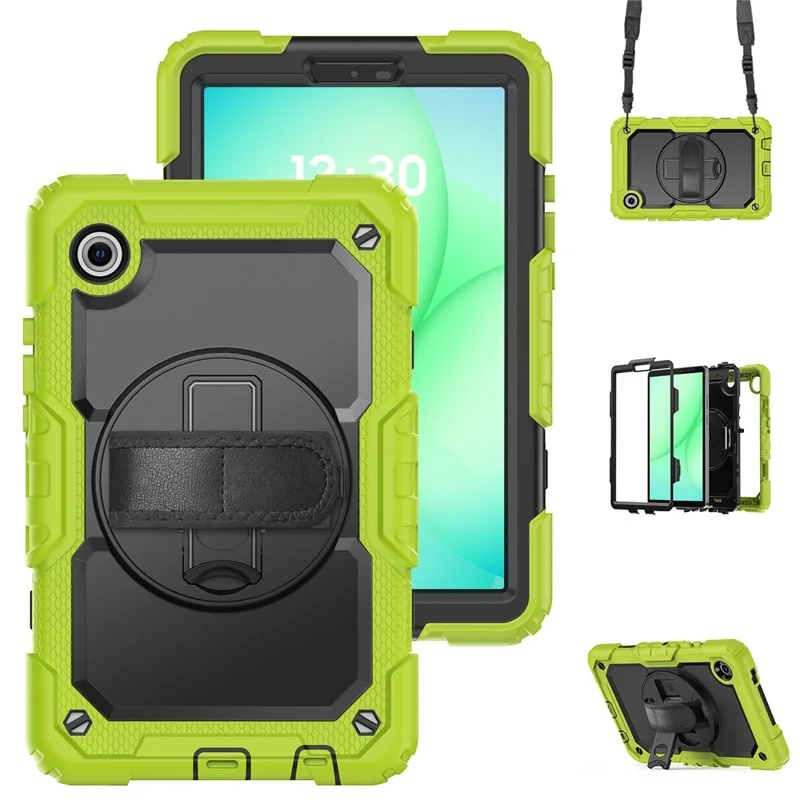 Für Samsung Galaxy Tab A11 / A9 Ständerhülle PC + Silikon-Tablet-Hülle mit Schultergurt - Schwarz + Gelbgrün