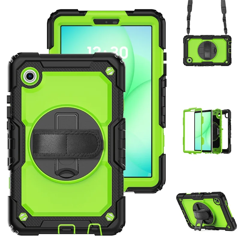 For Samsung Galaxy Tab A11 / A9 Kickstand Cover PC + Silicone Tablet Case with Shoulder Strap - Yellow-Green+Black
