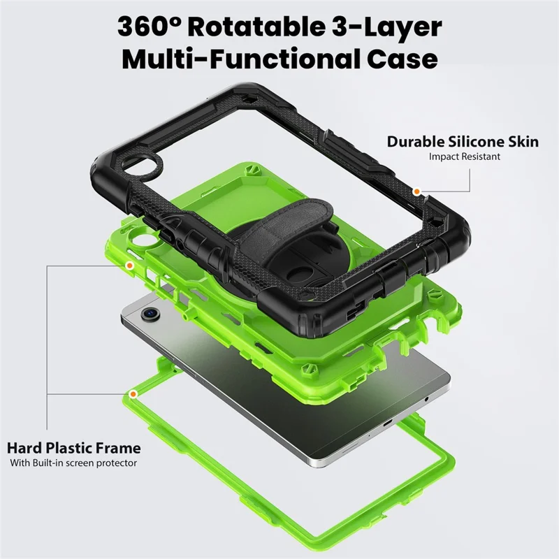For Samsung Galaxy Tab A11 / A9 Kickstand Cover PC + Silicone Tablet Case with Shoulder Strap - Yellow-Green+Black