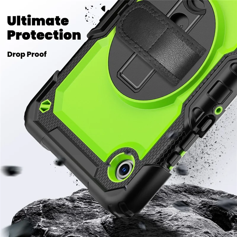 For Samsung Galaxy Tab A11 / A9 Kickstand Cover PC + Silicone Tablet Case with Shoulder Strap - Yellow-Green+Black