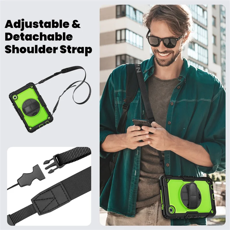 For Samsung Galaxy Tab A11 / A9 Kickstand Cover PC + Silicone Tablet Case with Shoulder Strap - Yellow-Green+Black