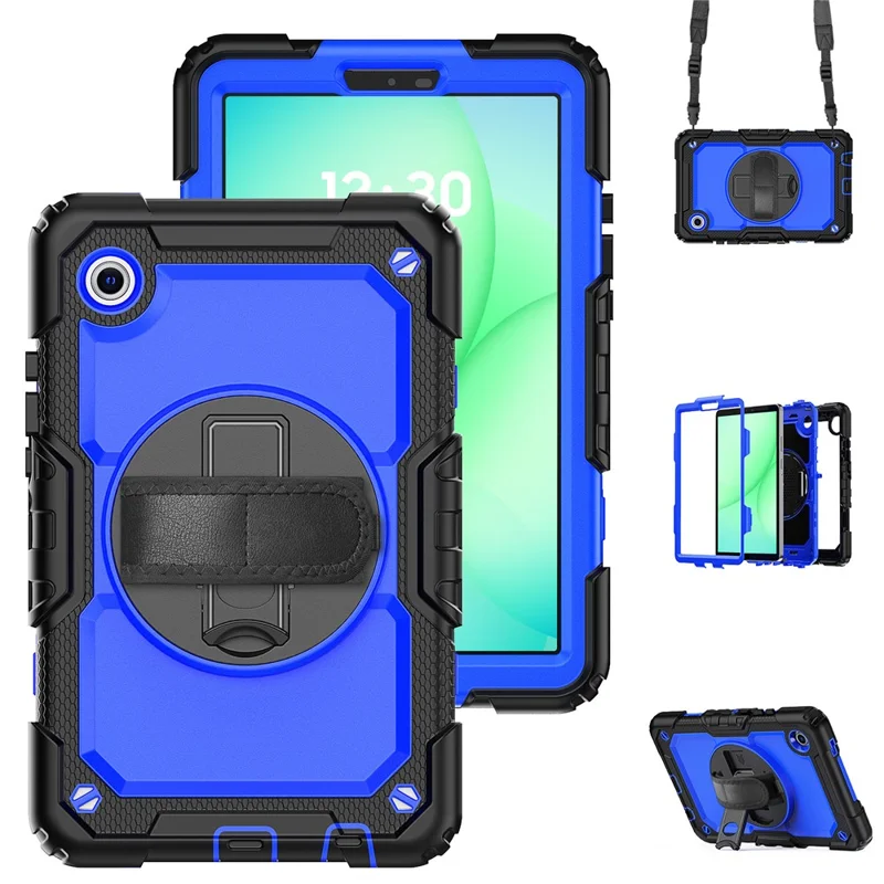 For Samsung Galaxy Tab A11 / A9 Kickstand Cover PC + Silicone Tablet Case with Shoulder Strap - Dark Blue+Black