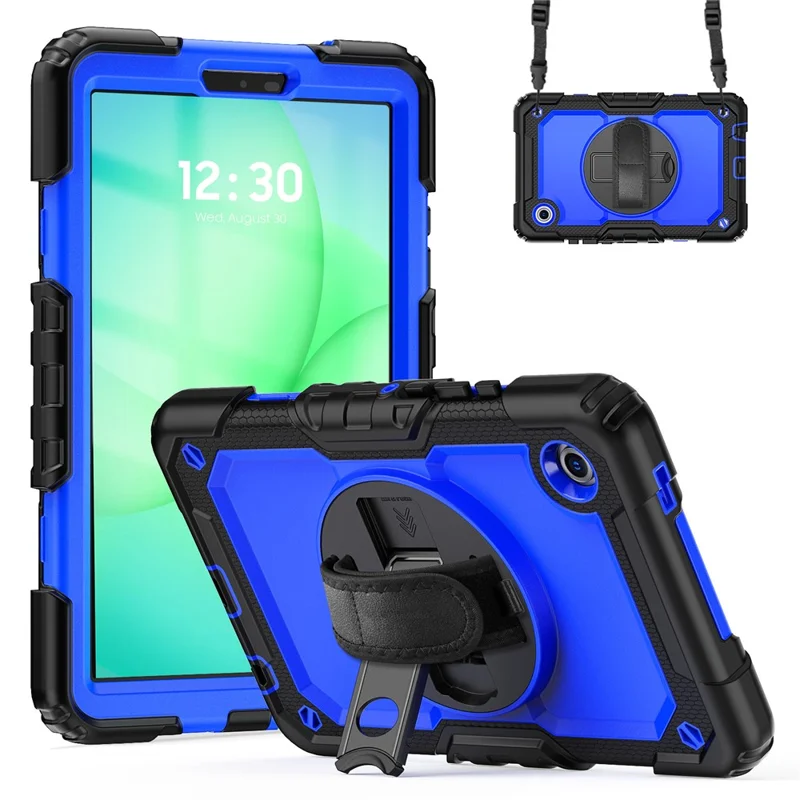 For Samsung Galaxy Tab A11 / A9 Kickstand Cover PC + Silicone Tablet Case with Shoulder Strap - Dark Blue+Black