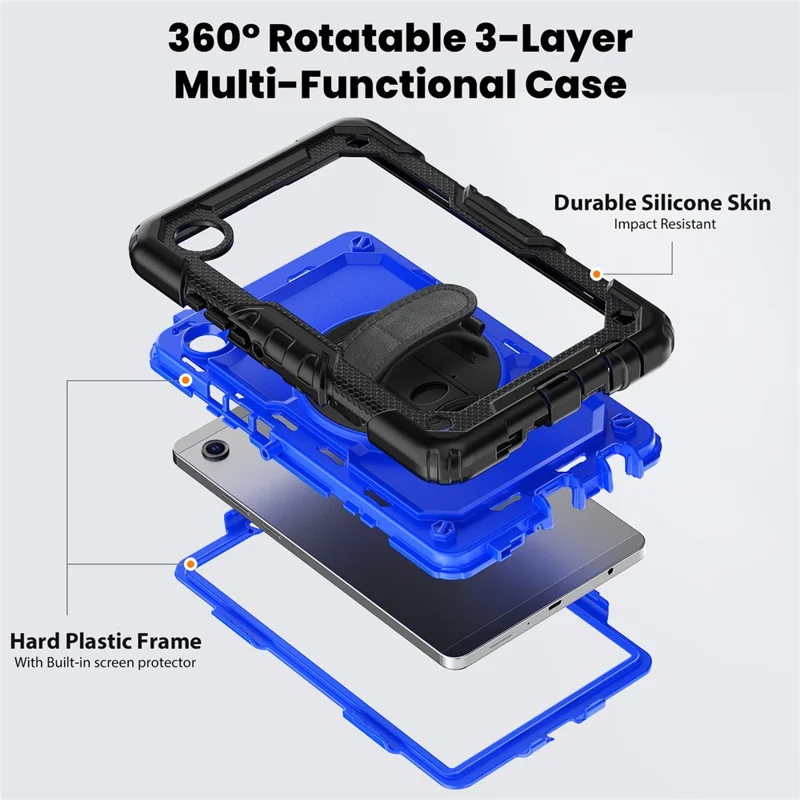 For Samsung Galaxy Tab A11 / A9 Kickstand Cover PC + Silicone Tablet Case with Shoulder Strap - Dark Blue+Black