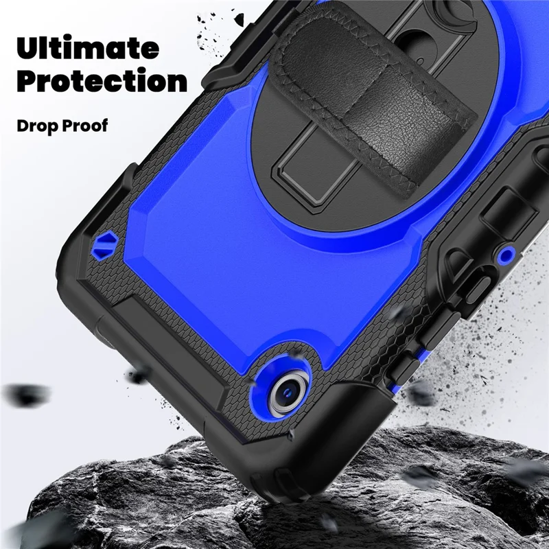 For Samsung Galaxy Tab A11 / A9 Kickstand Cover PC + Silicone Tablet Case with Shoulder Strap - Dark Blue+Black