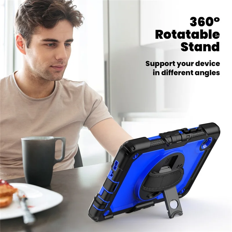 For Samsung Galaxy Tab A11 / A9 Kickstand Cover PC + Silicone Tablet Case with Shoulder Strap - Dark Blue+Black