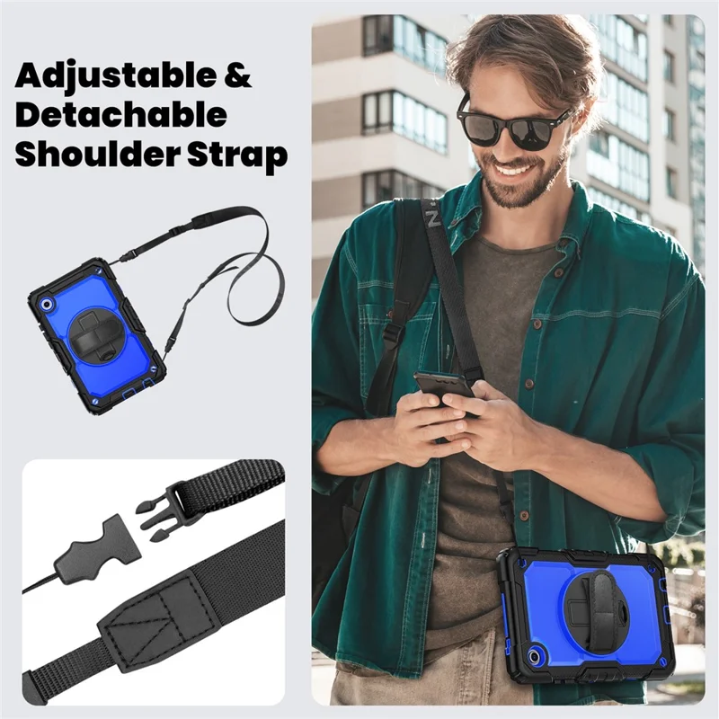 For Samsung Galaxy Tab A11 / A9 Kickstand Cover PC + Silicone Tablet Case with Shoulder Strap - Dark Blue+Black