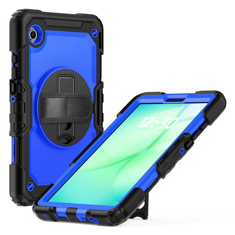 For Samsung Galaxy Tab A11 / A9 Kickstand Cover PC + Silicone Tablet Case with Shoulder Strap - Dark Blue+Black