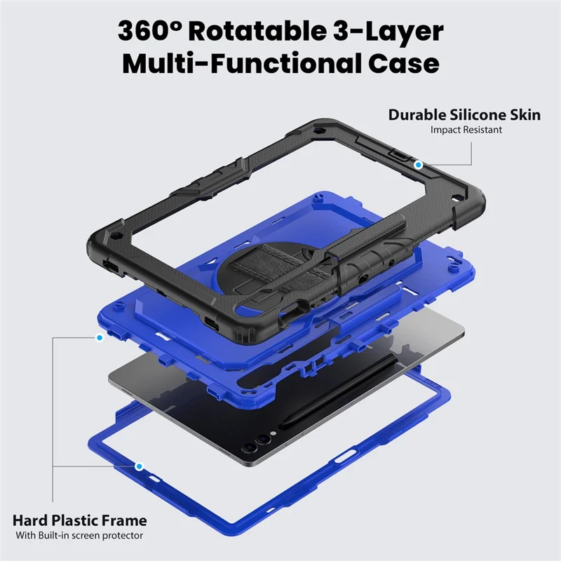 For Samsung Galaxy Tab S9 FE+ SM-X610 SM-X616B PC+Silicone Tablet Cover with Kickstand -  Dark Blue+Black