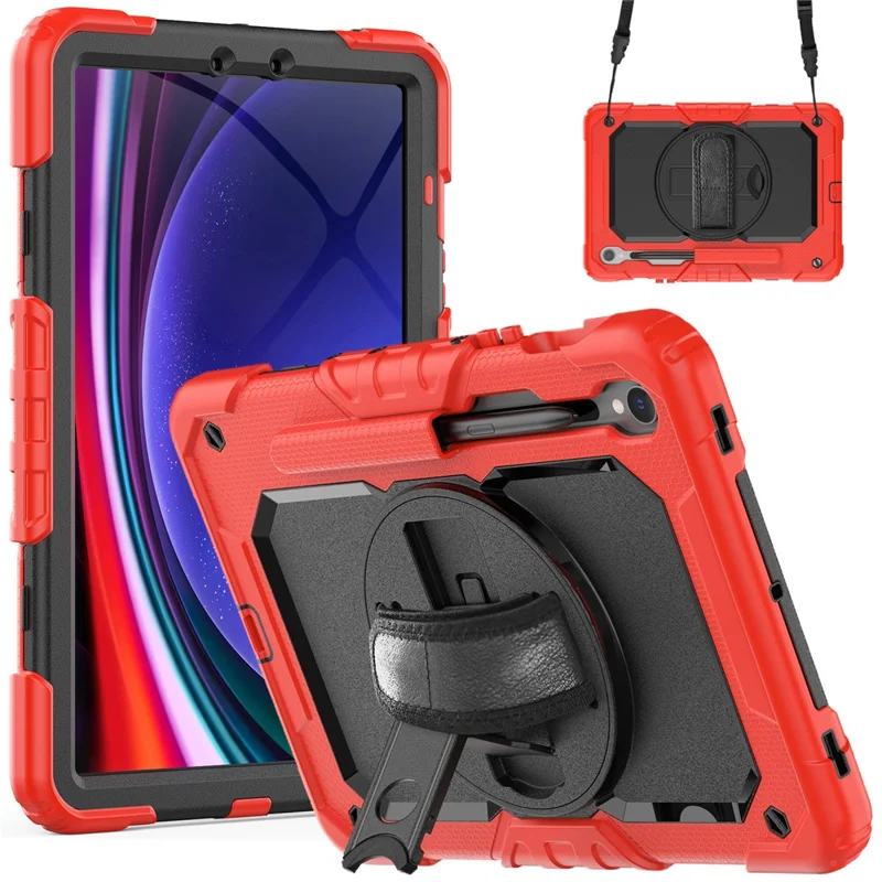 For Samsung Galaxy Tab S10 Lite / S10 FE / S9 FE SM-X510 SM-X516B PC+Silicone Kickstand Tablet Cover with Hand Strap - Black+Red