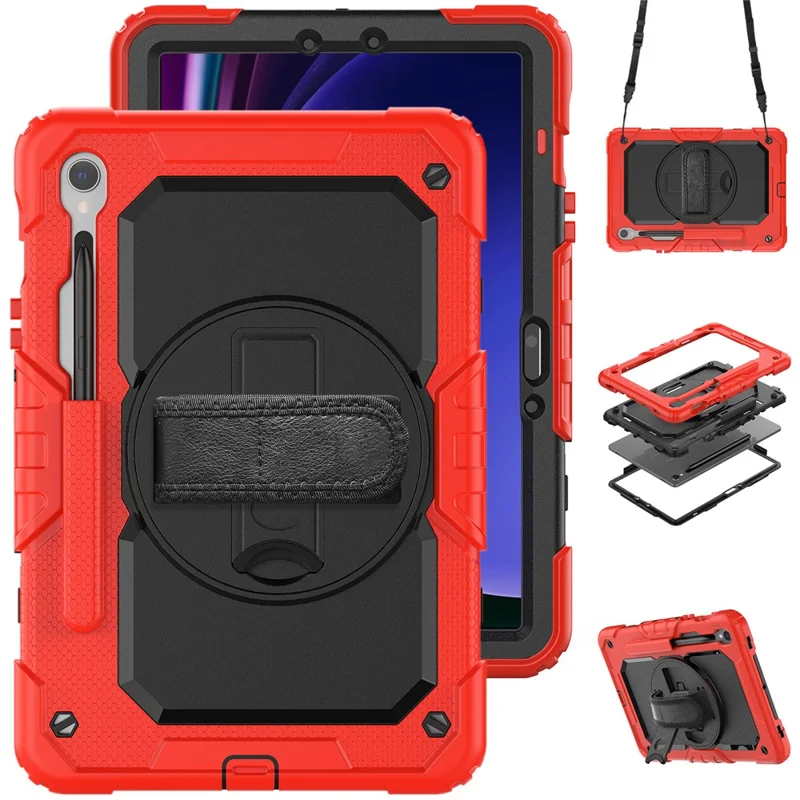 For Samsung Galaxy Tab S10 Lite / S10 FE / S9 FE SM-X510 SM-X516B PC+Silicone Kickstand Tablet Cover with Hand Strap - Black+Red