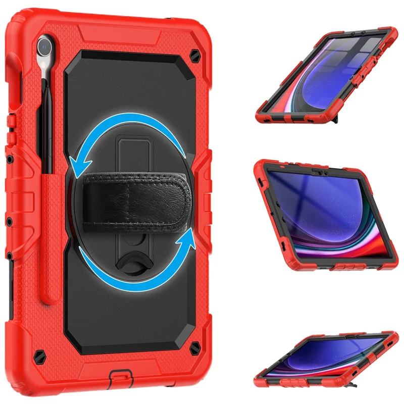 For Samsung Galaxy Tab S10 Lite / S10 FE / S9 FE SM-X510 SM-X516B PC+Silicone Kickstand Tablet Cover with Hand Strap - Black+Red