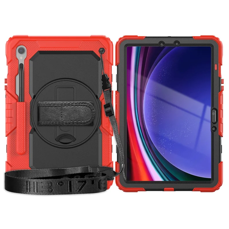 For Samsung Galaxy Tab S10 Lite / S10 FE / S9 FE SM-X510 SM-X516B PC+Silicone Kickstand Tablet Cover with Hand Strap - Black+Red