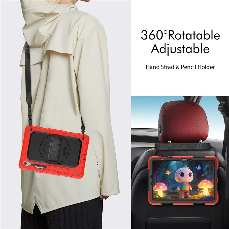 For Samsung Galaxy Tab S10 Lite / S10 FE / S9 FE SM-X510 SM-X516B PC+Silicone Kickstand Tablet Cover with Hand Strap - Black+Red