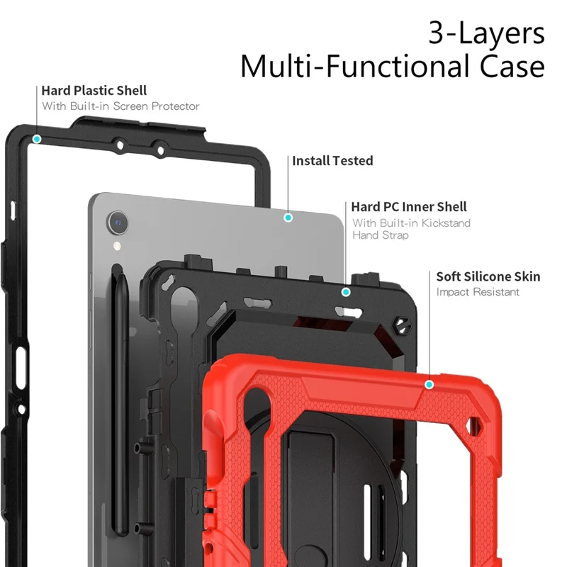 For Samsung Galaxy Tab S10 Lite / S10 FE / S9 FE SM-X510 SM-X516B PC+Silicone Kickstand Tablet Cover with Hand Strap - Black+Red