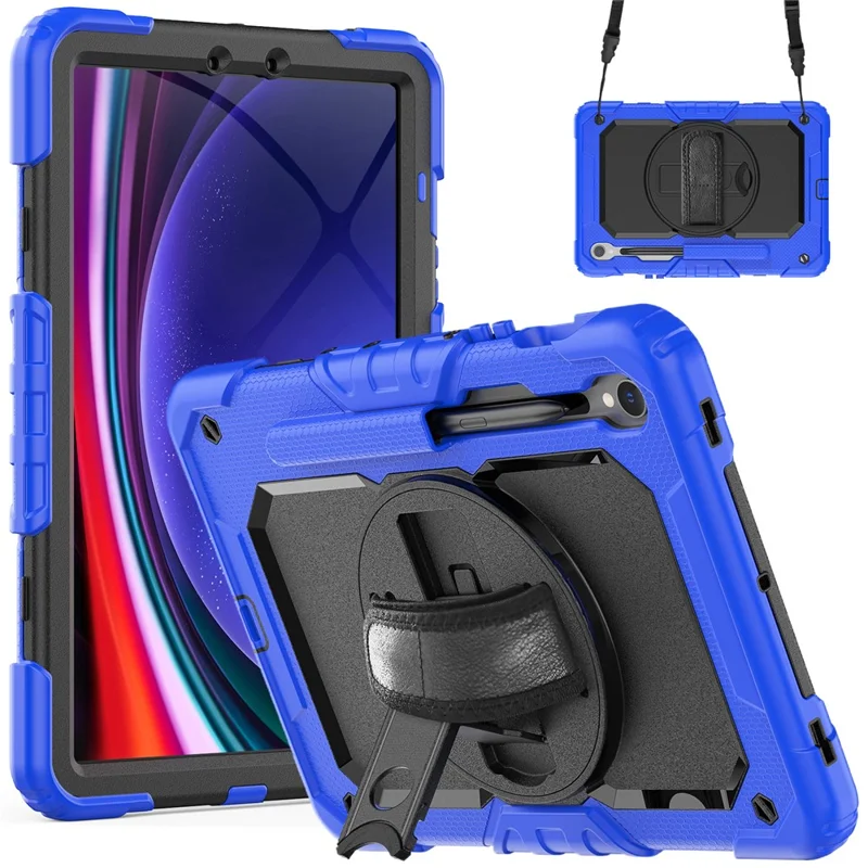 For Samsung Galaxy Tab S10 Lite / S10 FE / S9 FE SM-X510 SM-X516B PC+Silicone Kickstand Tablet Cover with Hand Strap - Black+Dark Blue