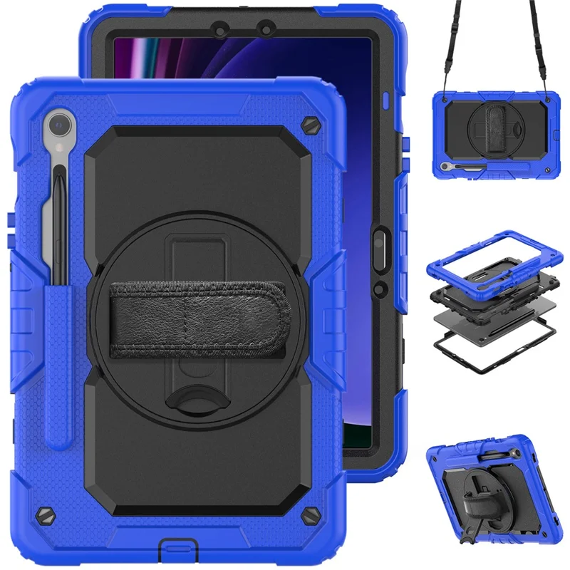 For Samsung Galaxy Tab S10 Lite / S10 FE / S9 FE SM-X510 SM-X516B PC+Silicone Kickstand Tablet Cover with Hand Strap - Black+Dark Blue