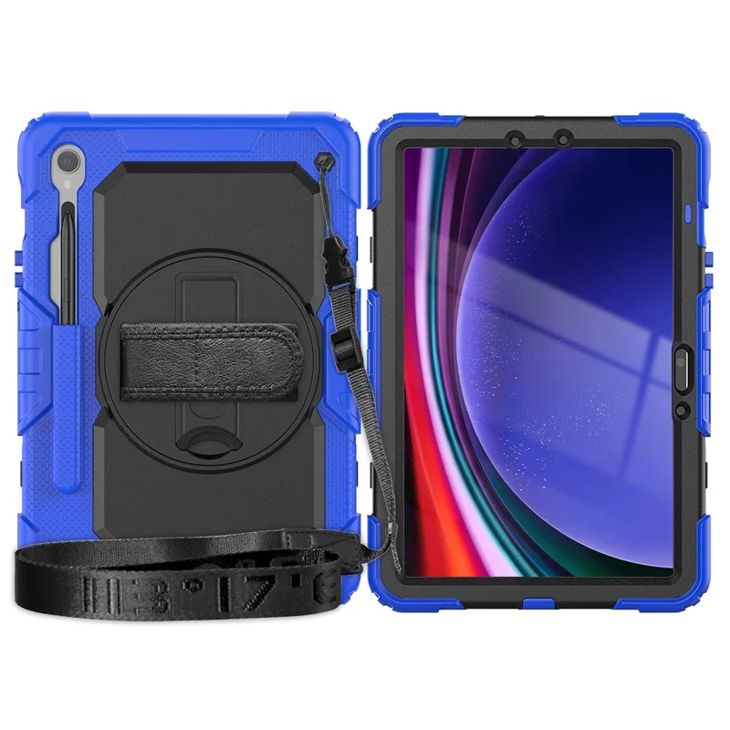 For Samsung Galaxy Tab S10 Lite / S10 FE / S9 FE SM-X510 SM-X516B PC+Silicone Kickstand Tablet Cover with Hand Strap - Black+Dark Blue