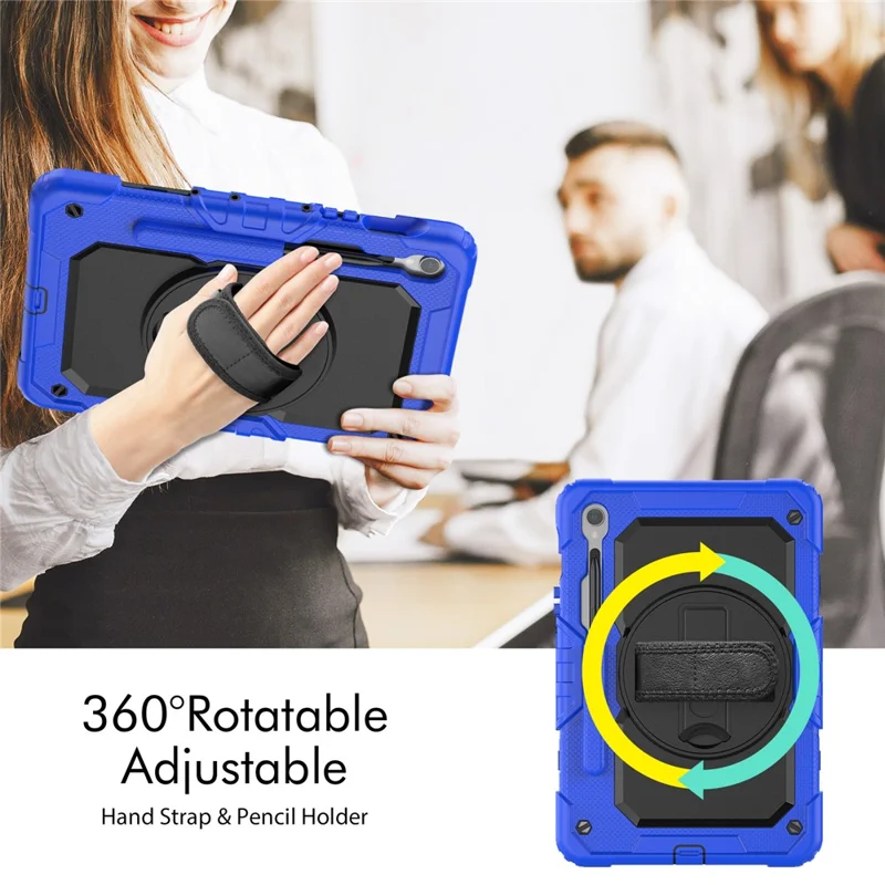 For Samsung Galaxy Tab S10 Lite / S10 FE / S9 FE SM-X510 SM-X516B PC+Silicone Kickstand Tablet Cover with Hand Strap - Black+Dark Blue